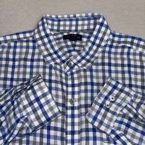 Lands’ End Men’s XXL 18-18.5 Linen Dress Shirt Blue Gray Plaid Traditional Fit